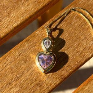 ❤️❤️925 Italy Gold Pink Rhinestone Heart Pendant NECKLACE